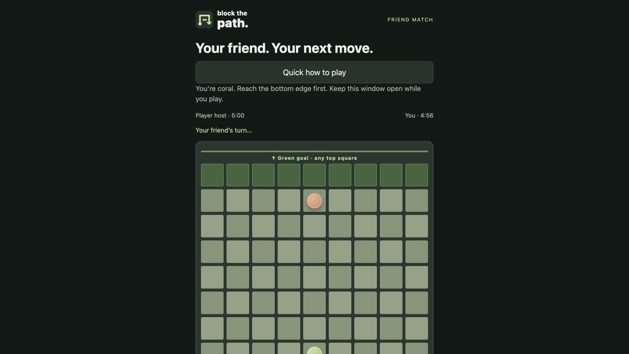 A live Block the Path friend match showing both pawns after their opening moves and the two player clocks.