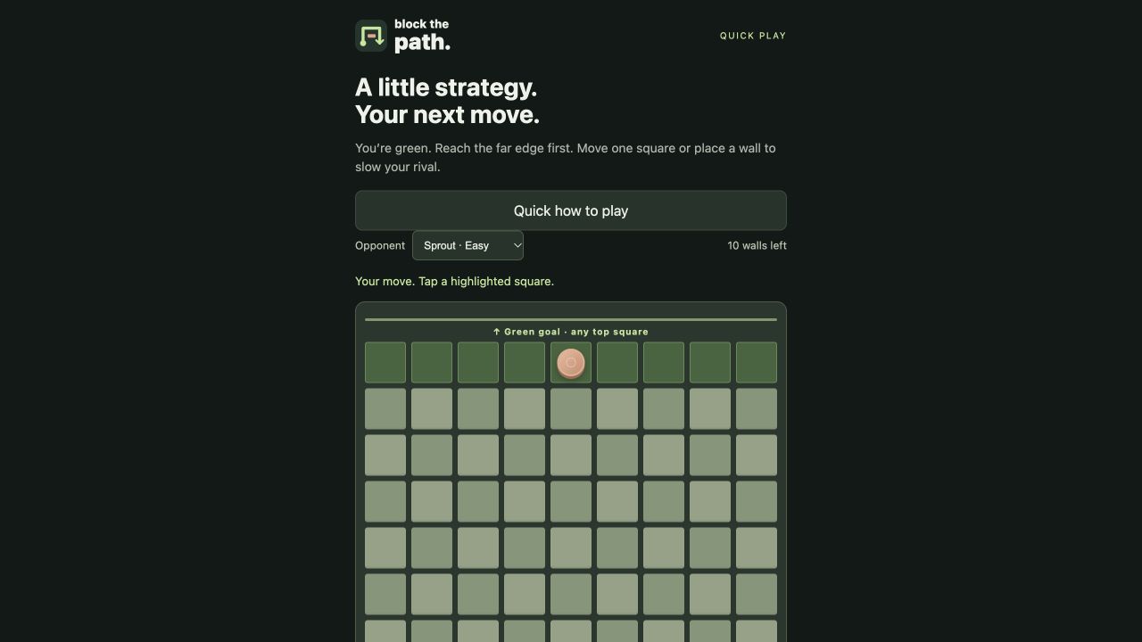 Block the Path starting board with green at e1, coral at e9 and three highlighted legal moves.